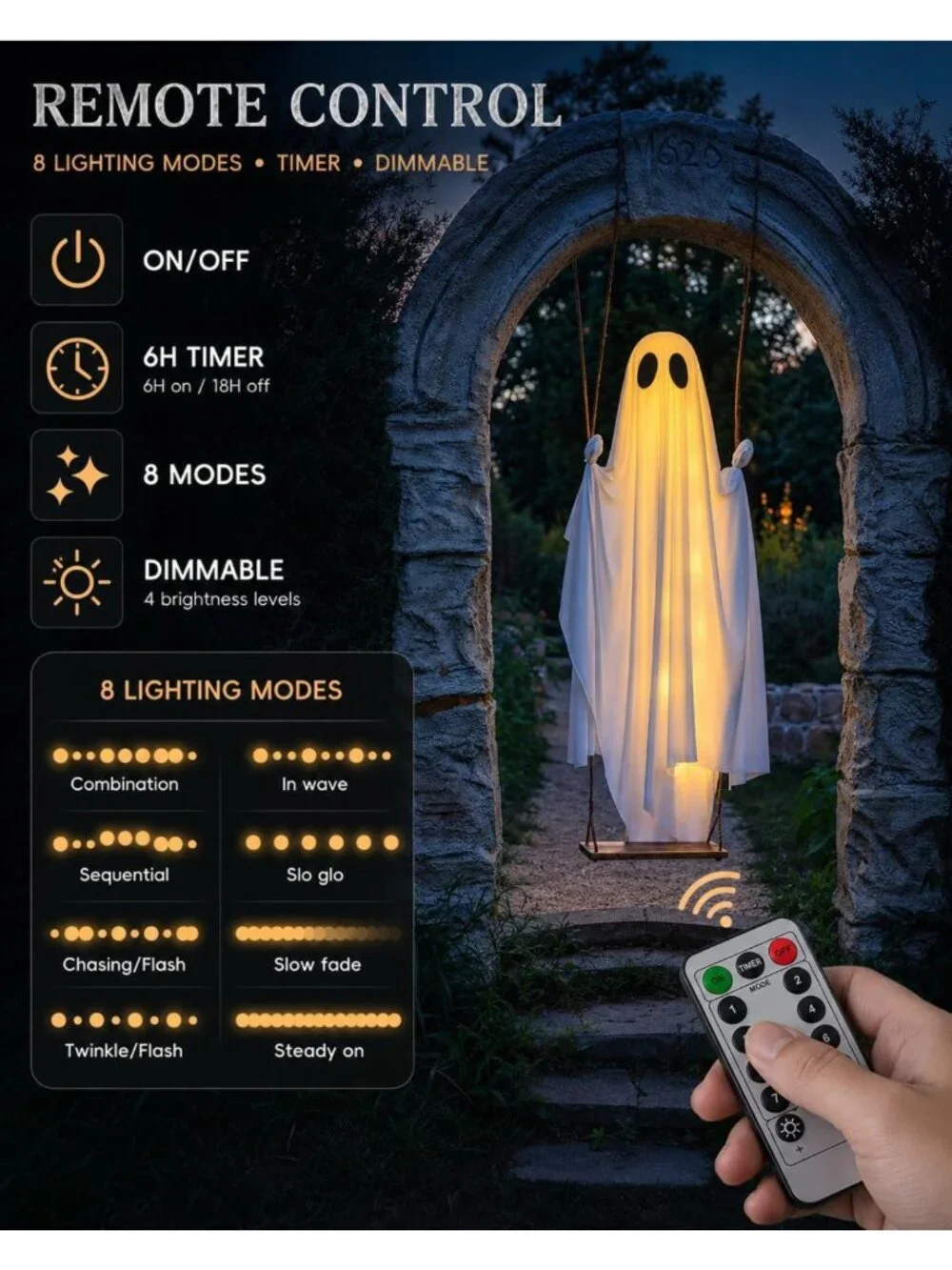 5 FT Hanging Swing Ghost with Lights - Spooky Outdoor Halloween Decor for Yard